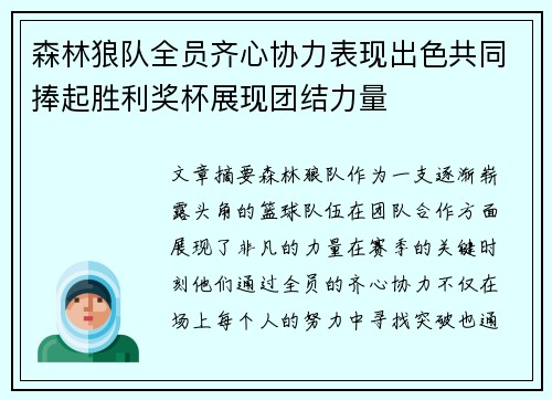 森林狼队全员齐心协力表现出色共同捧起胜利奖杯展现团结力量